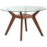 FurniFact 48-Inch Round Dining Table Featuring Clear Glass Top and Nutmeg Wood Base, Perfect for Stylish Dining Rooms and Memorable Gatherings
