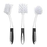SetSail Dish Brush Set of 3 with Bottle Brush, Dish Scrub Brush with Long Handle Deep Cleaning Handle Brush with Scraper Tip for Kitchen Sink Dishes Bottle Cup Pot and Pans Tile Lines, Black