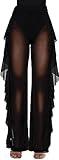 Willow Dance Women's Perspective Sheer Mesh Ruffle Pants Swimsuit Bikini Bottom Cover up (Black, S)