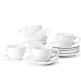 Yedio Porcelain Coffee Cups Set with Saucer, 6 Ounce White Porcelain Cup and Saucer Set for Cappuccino, Coffee Latte, Coffee drinks and Tea, Set of 6