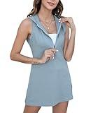MINSURE Women Athletic Tennis Dress Sleeveless Half Zip Hooded Workout Mini Dress with Shorts(Bluegrey-M)