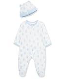 Little Me Baby Boys' 100% Cotton Scratch-Free Tag Footed One-Piece Romper and Hat Sleeper Set, Happy Bear, Newborn
