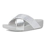 FitFlop Women's Lulu Crystal-Mix Metallic Cross Slides Wedge Sandal, Silver, 8