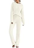 MEROKEETY Womens Fuzzy Fleece Long Sleeve 2 Piece Loungewear Outfits Sweater Pants Pajama Sets, Beige, Medium