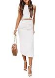 PRETTYGARDEN Women's 2 Piece Summer Outfits Crewneck Tank Tops Split Bodycon Midi Skirt Set (White,Small)