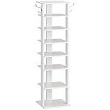 HOOBRO 8 Tiers Vertical Shoe Rack, Wooden Shoe Storage Organizer with Hooks, Narrow Shoe Tower for 8 Pairs, Space Saving, for Entryway, Living Room, Bedroom, White WT07XJ01G1