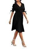 Ystguic Women's V-Neck Button Front Casual Linen Blend Vacation Dress with Pockets with Tie Sleeves & Elastic Waist A-Line Mid Length Dresses Small 026 Black S