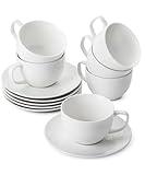 BTaT- Tea Cups and Saucers, Set of 6 (8 oz), White British Porcelain Espresso Cups For Cappuccino, Coffee, Latte