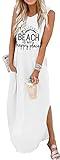 Women's Casual Beach Summer Dresses Sleeveless Graphic Long Sundress Cover Up Dresses with Pocket White Small