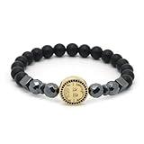 Men Black Hematite Matte Stone Beaded Gold Plated Bitcoin Bracelet Blockchain Cryptocurrency Pendant Charm Bracelet Gold Money Luck Sign Collect Souvenir Gift Rock Punk Gold Color1
