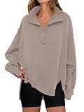 ANRABESS Women's Sweatshirts Oversized Casual Loose Button Up Henley Pullover Top High Low Split 2025 Fall Fashion Outfits Khaki Large