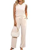 difficort Two Piece Sets for Women Summer Loungewear Crew Neck Tops and Pants Vacation Travel Outfits, Apricot, Medium