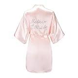 EPLAZA Women's One Size Silver Rhinestones Bride Bridesmaid Short Satin Robes for Wedding Party Getting Ready (Pink, Mother of The Bride)