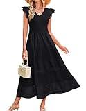 GRACE KARIN Women Summer Maxi Dresses Casual V Neck Ruffle Sleeve Lace Eyelet Tiered A Line Flowy Sundress with Pockets Black XL