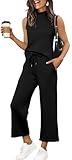 XIEERDUO Two Piece Sets for Women Summer Cruise Travel Outfits 2025 Beach Vacation Clothes Trendy Lounge Sets Mock Neck Tops Crop Matching Sets Wide Leg Pants Set Airport Fashion Clothes Black S