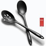 Silicone Spoons for Cooking - Extra Large Kitchen Spoons for Mixing, Serving, & Stirring - 600°F Heat-Resistant Non Stick Utensils Ladle & Skimmer- Dishwasher Safe, Black