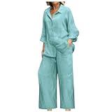Vacation Outfits for Women,Womens 2 Piece Outfits Summer Cotton Linen Set Casual Long Sleeve Button Down Shirts and Pants Suits with Pockets,Deals