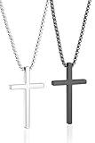 Romass 2 Pcs Cross Necklace for Men Boys,Stainless Steel Pendant Silver Black Crosses Chain Jewelry Gifts Box 16-30 inches（18in,Cross Pendant 1.2"*0.7",Silver/Black）