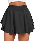 IUGA Tennis Skirt Pleated Skorts for Woman Double Ruffle Golf Skirts for Women Skort with Pockets Tummy Control Athletic Skirt Black