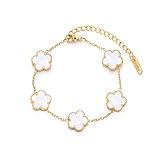 TICVSS Four Leaf Clover Bracelet for Women 18K Gold Plated Stainless Steel Lucky 4 Leaf Gold Link Bracelet Jewelry Gift for Women (White)