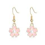 Cute Pink Flower Pearl Small Dangle Drop Earrings for Women Sensitive Ear Boho Tiny Little Charm Hook Dangling Hanging Hypoallergenic Dainty Jewelry Daughter Her Bff Holiday