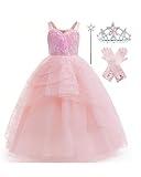 Xefenki Good Witch Glinda Costume for Girls Halloween Pink Bubble Princess Dress Cosplay Outfits With Crown Wand and Gloves 7-8Y 130