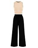 BTFBM Women Summer 2 Piece Outfits 2025 Beach Crew Neck Sleeveless Cropped Top Elastic Waist Wide Leg Pants Lounge Set(Apricot Black, Large)