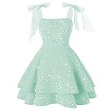 Miao Duo Sage Green Sequined Short Dress for Teens & Young Adults, Size 4, High Waist, Spaghetti Strap, A Line, Formal/Semi-Formal