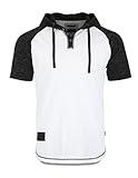ZIMEGO Men's Cotton Blend Hipster Longline Short Sleeve Hoodie - Curved Hem Hooded Henley Shirt, White Black, Small