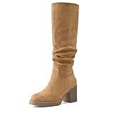 Shoe'N Tale Knee High Boots for Women Chunky Heel Platform Slouchy Stretchy Suede Round Toe with Side Zipper Fall and Winter Fashion Comfortable Boots(8.5,Brown)
