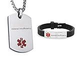 LF Stainless Steel Adrenal Insufficiency Medical Alert Dog Tag ID Pendant Caduceus necklace Set Adjustable Silicone Rubber Chain Medical ID Health Alert Monitoring Systems Jewelry Sets for Men Women