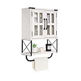 RUSTOWN Farmhouse Medicine Cabinet with Cross Glass Doors, Wood Wall Storage Cabinet, 3-Tier Rustic Bathroom Cabinet with Adjustable Shelves and Towel Bar for Living Room(Vintage White, Small)