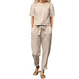 prime of day deals today 2 Piece Outfits for Women Summer Cotton Linen Casual Matching Set Short Sleeve T Shirts and Capri Pants with Pockets plus size 70s outfits for women Khaki M
