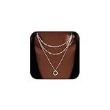 Poxtex Silver Layered Necklaces for Women,925 Sterling Silver Dainty Stackable Choker Necklaces for Women,Trendy Layering Circle Paperclip Chain Pendant Jewelry Set Gifts