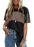 Dokotoo Womens Tops Short Sleeve Crew Neck Striped Casual T Shirts 2025 Summer Trendy Shirts for Women Cute Tops Plus Size Loose Blouses Tee Color Black Large
