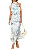 PRETTYGARDEN Women's 2025 Summer Satin Dress Elegant Sleeveless Mock Neck Cocktail Party Maxi Dresses (Print Blue,Medium)