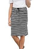 Wenseny Womens Skirts Knee-Length Pencil-Skirts Solid Midi-Skirts for Ladies Stretchy Drawstring Daily Skirts (2XL (US 16-18), Black Stripe)