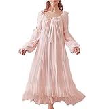 Singingqueen Women's Vintage Victorian Nightgown Long Sleeve Sheer Sleepwear Pajamas Nightwear Lounge Dress (X-Large, Pink)