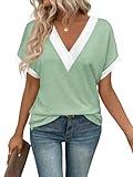 EyMuse T Shirts Summer Basic V Neck Tee Loose Fitting Casual Short Sleeve Tops Cute Comfort Going Out Blouses Beach Vacation Clothes for Women Light Green, L