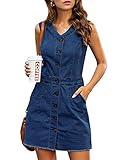 LookbookStore Women Summer Dresses 2024 Dark Denim Sleeveless Jean Dress for Women Casual V Neck Button Down Denim Short Dress with Pockets Frayed Raw Hem Short Denim Dress Size XL
