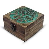Hind Handicrafts Handmade Mango Wood Jewelry Box - Tree of Life Engraved Keepsake Storage & Organiser - Beautiful Gift Idea for Men & Women - Home Decor & Memorial Use - 4.5" x 4.5" x 2.5"