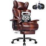 650LBS Big and Tall Office Chair with Footrest,Large Heavy Duty Executive Office Chair-Wide Seat,Adjustable Lumbar Support,Dual Rubber Wheels,Ergonomic High Back Computer Chairs for Heavy People,Brown