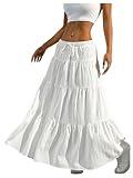 RoseSeek Women's Flowy Flared Ruffle Hem A Line Maxi Skirts Elastic Waist Elegant Tiered Layer Boho Long Skirts White X-Large