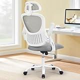 Sweetcrispy Office Computer Desk Chair, Ergonomic High-Back Mesh Rolling Work Chairs with Wheels and Adjustable Headrests, Comfortable Lumbar Support, Comfy Flip-up Arms for Home, Bedroom, Light Grey