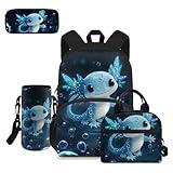 doginthehole Cute Axolotl Backpack for Boys Blue Bubble Kids Bookbag with Lunch Box 4 Piece Lightweight School Bag Set for Boys 8-12 for Preschool Elementary School Kids Casual Travel Book Bags