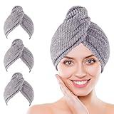 Kldnkig Microfiber Hair Towel Wrap, 3 Pack (Gray) Soft Hair Drying Towel,Shower Cap & Hair Accessories for Woman,Drying Hair Wrap Towels for Curly Hair Women Anti Frizz