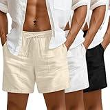 Locoowai 3 Pack Men's Linen Shorts, 3.5 Inch Cotton Drawstring Casual Summer Shorts Elastic Waist Beach Bottom with Pockets(Black, Apricot, White,XX-Large)
