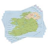 Ambesonne Ireland Map Place Mats Set of 4, Demonstration of Irish Region European Travel Guide Elements, Washable Fabric Placemats for Dining Table, Standard Size, Pale Blue and Multicolor