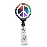 White Peace Sign On Plasma Rainbow Background Custom Retractable Badge Reel Lanyard Badge Holder (Black Badge Reel with Belt Slide Clip)