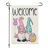 CROWNED BEAUTY Easter Gnomes Garden Flag 12×18 Inch Double Sided for Outside Small Burlap Welcome Holiday Yard Flag